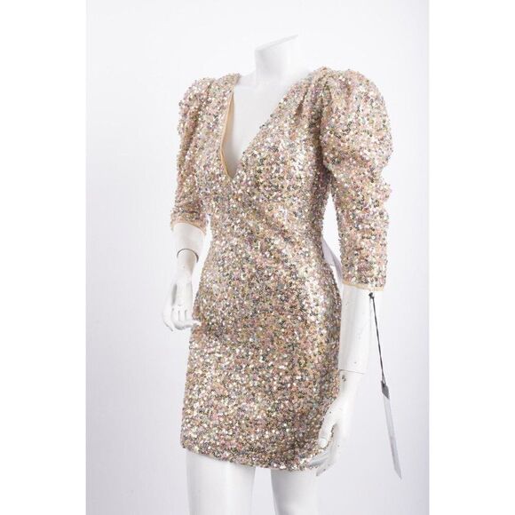 IEENA for MacDuggal Womans Sequined Dress Mini Puff Sleeve Sz 6 Beige Multi NWT - Picture 4 of 7